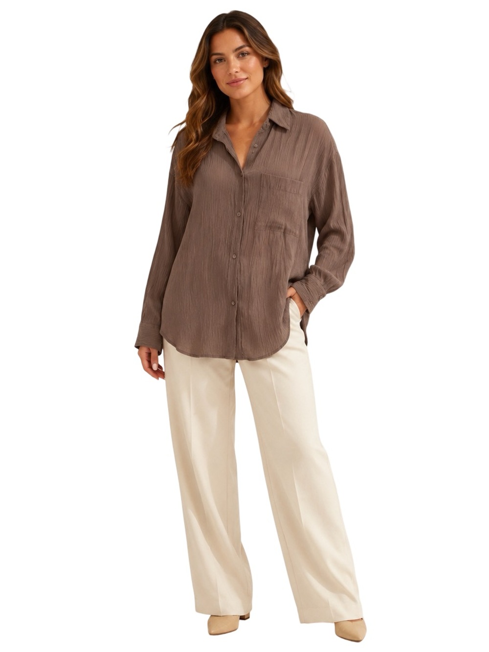 Abercrombie & Fitch Oversized Crinkle Button-Up Shirt Brown Medium